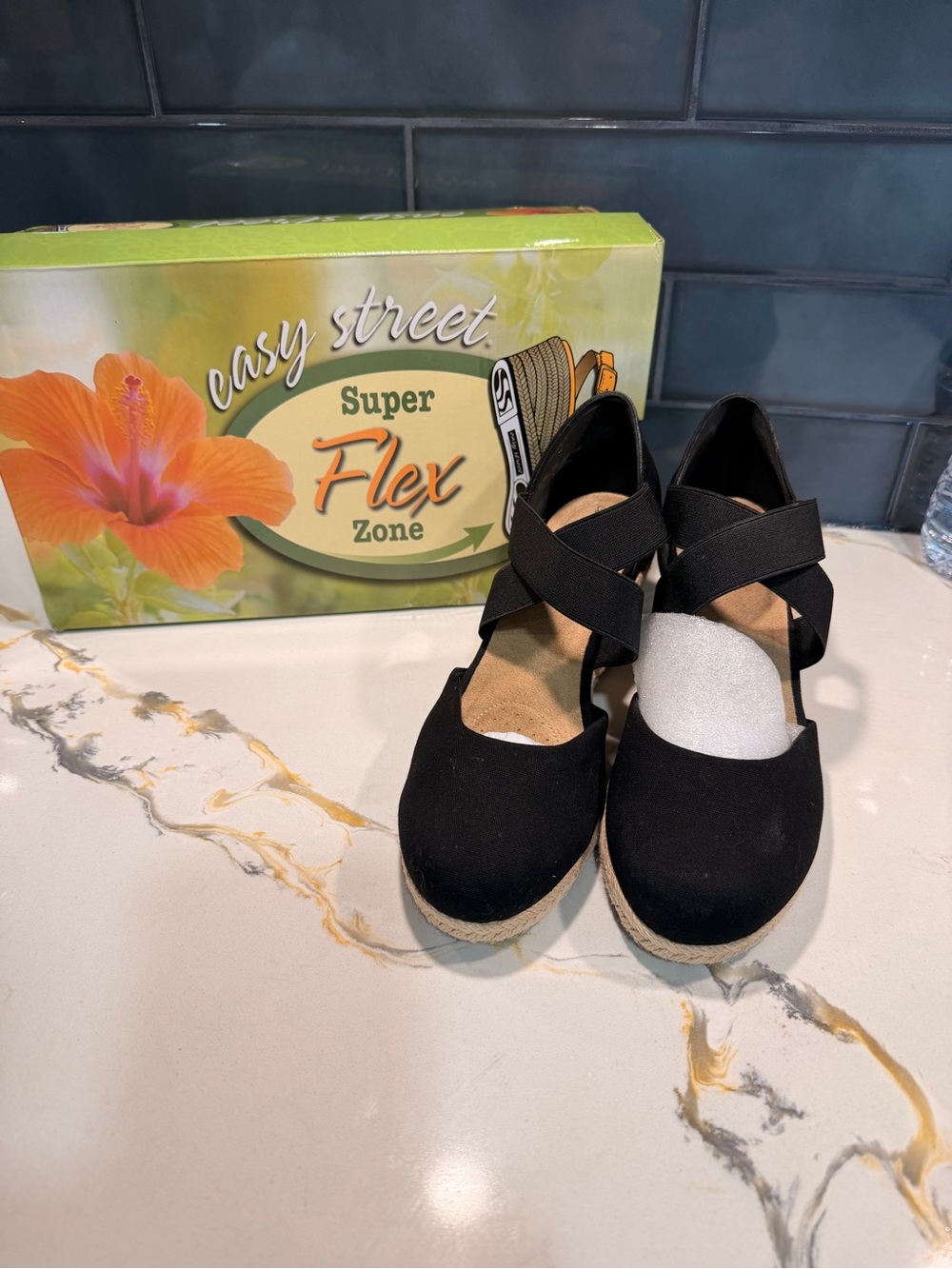 easy street Black Espadrille Wedge with Crisscross Elastic Straps